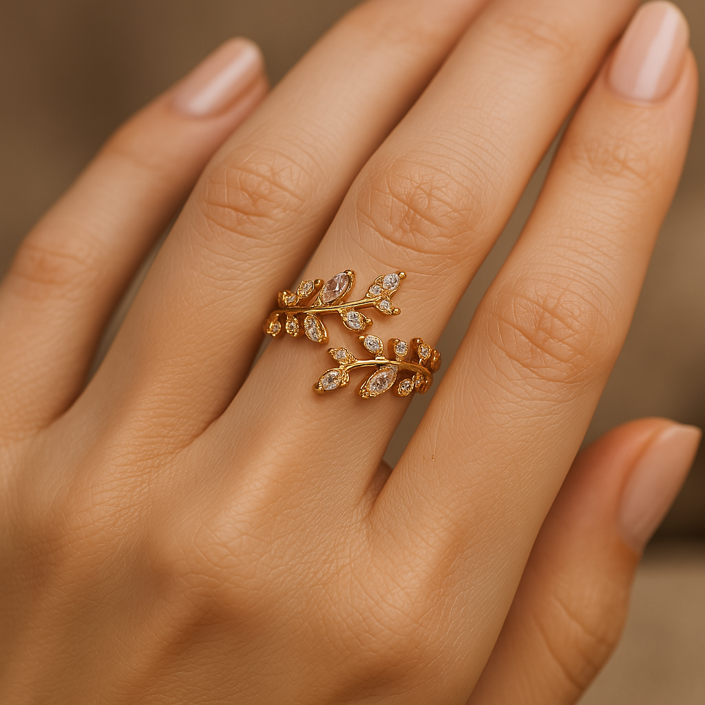 Gold Sparkling Leaf Branch Adjustable Ring-Maryam Jewelry