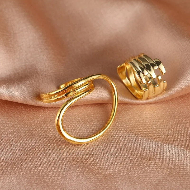 Retro Smooth Curved & Layered Gold Band Adjustable Ring Set-Maryam Jewelry