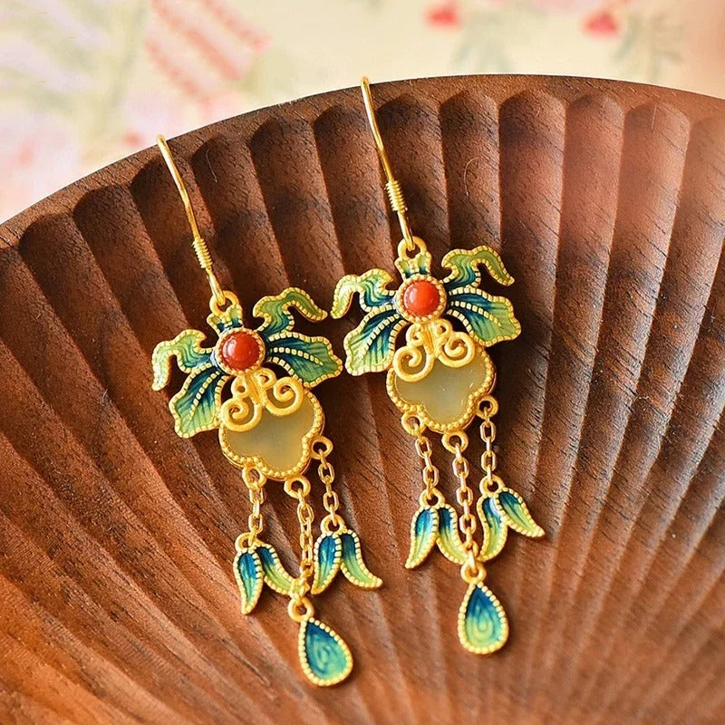 Vintage Gold White Jade Enamel Porcelain Tassel Earrings-Maryam Jewelry