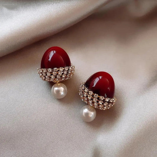 Red Hazelnut with Pearls Earrings-Maryam Jewelry