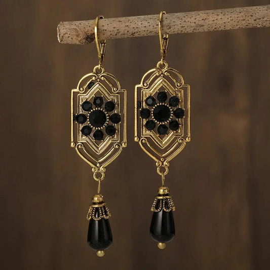 Vintage Black Gold-Plated Dangle Earrings-Maryam Jewelry