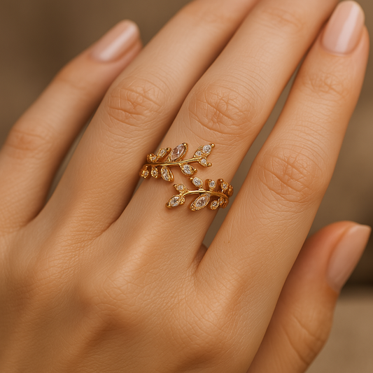 Gold Sparkling Leaf Branch Adjustable Ring-Maryam Jewelry