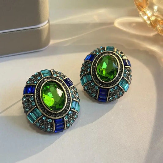 Vintage earrings with green crystal and blue zirconia-Maryam Jewelry