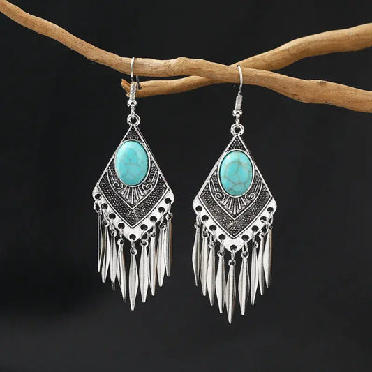 Vintage Turquoise Tassel Earrings-Maryam Jewelry