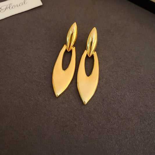 Classic Gold Sleek Leaf Shape Drop Earrings-Maryam Jewelry