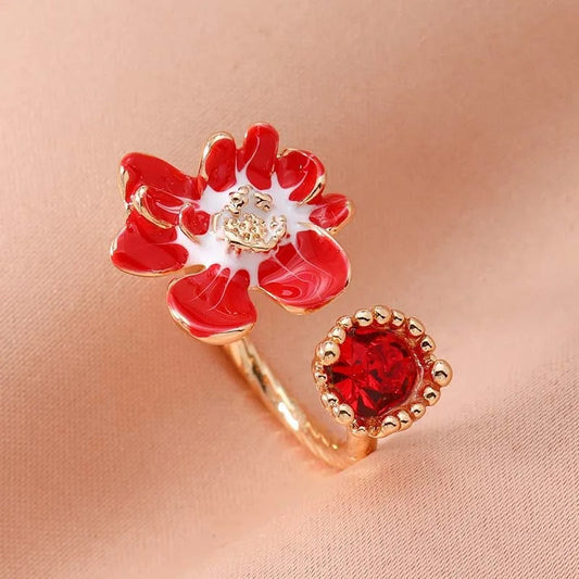 Vintage Red Flower & Radiant Red Gemstone Open Ring-Maryam Jewelry