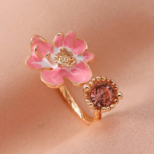 Vintage Pink Floral & Rose Gemstone Open Ring-Maryam Jewelry