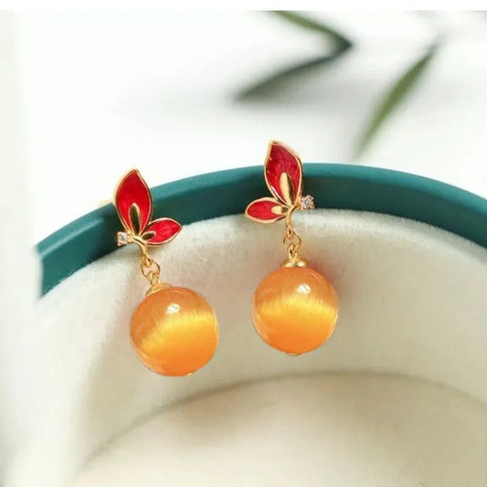 Vintage Gold & Red Butterfly Orange Teardrop Earrings-Maryam Jewelry