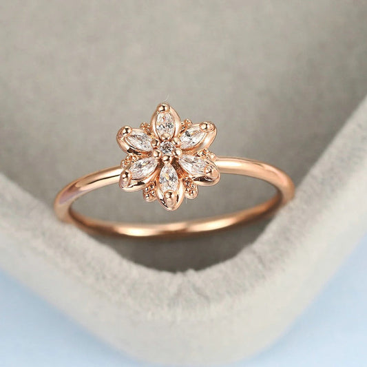 Rose Gold Flower Design & Sparkling Crystal Ring-Maryam Jewelry