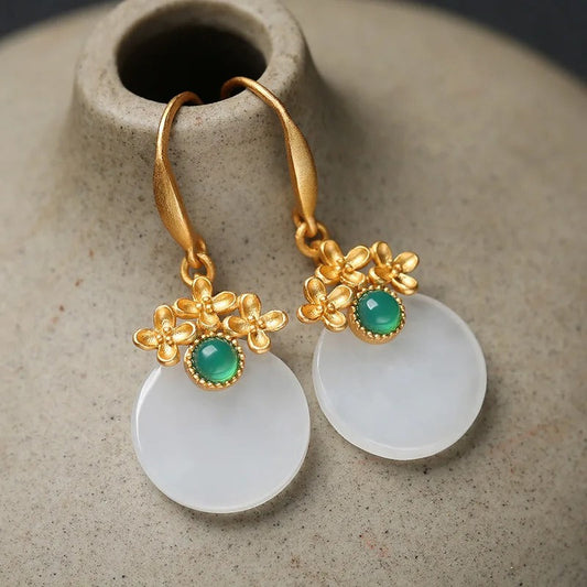 Vintage Gold & Round Green Gemstone Flower Drop Earrings-Maryam Jewelry
