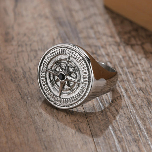 Silver Compass Wheel Design & Dark Stone Ring-Maryam Jewelry