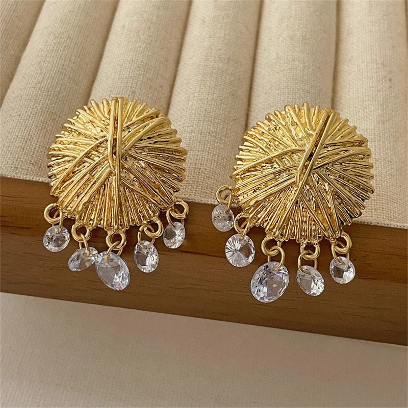 Classic Gold Textured Disc & Crystal Drop Earrings-Maryam Jewelry
