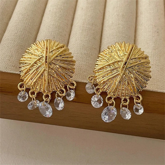Classic Gold Textured Disc & Crystal Drop Earrings-Maryam Jewelry