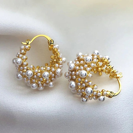 Vintage Gold Pearl Cluster Design Hoop Earrings-Maryam Jewelry