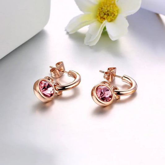 Vintage Rose Gold Pink Crystal Drop Hoop Earrings-Maryam Jewelry