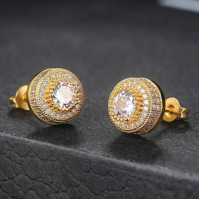 Classic Gold Crystal Halo Design Stud Earrings-Maryam Jewelry