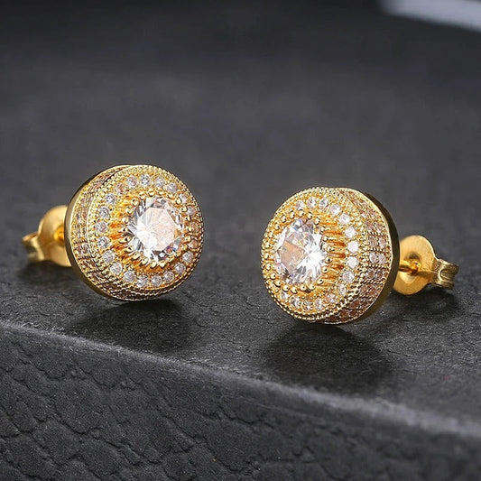 Classic Gold Crystal Halo Design Stud Earrings-Maryam Jewelry