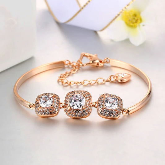 Vintage Rose Gold Triple Crystal Square Design Bracelet-Maryam Jewelry