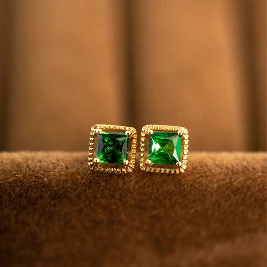 Gold Square Green Gemstone Earrings-Maryam Jewelry