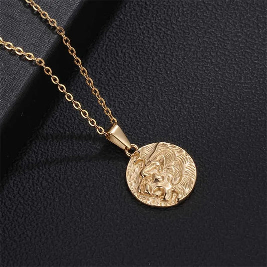 Classic Gold Engraved Lion Head Coin Pendant Necklace-Maryam Jewelry