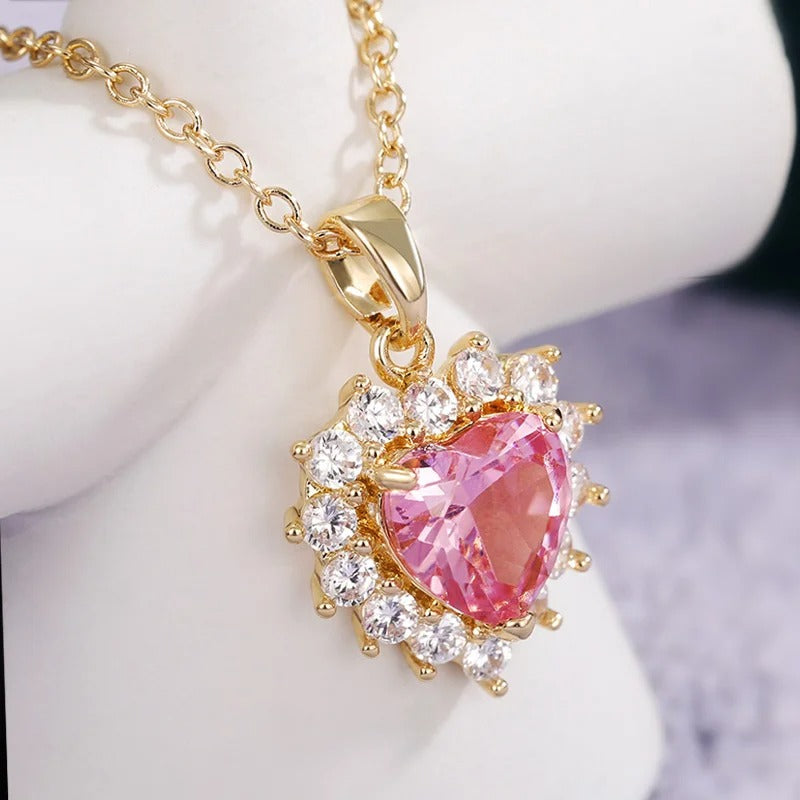 Vintage Gold Pink Heart & Crystal Necklace-Maryam Jewelry