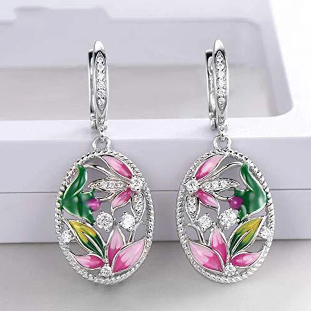 Silver Flower Crystal Dangle Earrings-Maryam Jewelry
