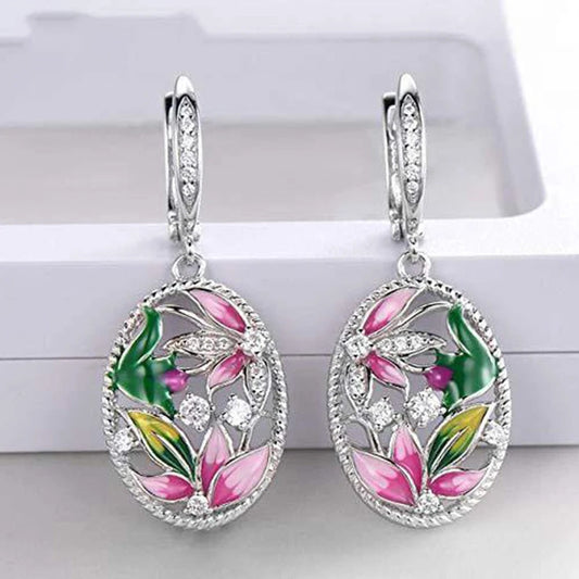 Silver Flower Crystal Dangle Earrings-Maryam Jewelry