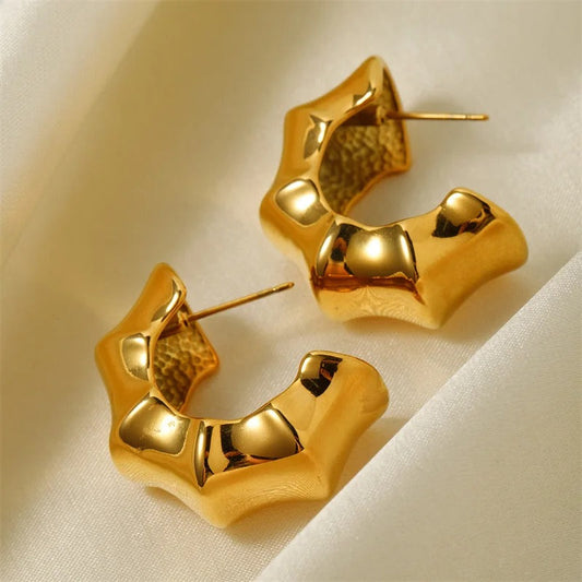 Vintage Chunky Gold Bamboo Shape Stud Earrings-Maryam Jewelry