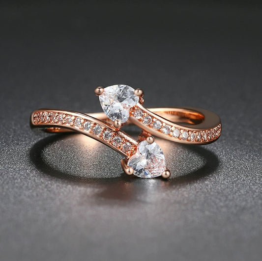 Rose Gold Two Heart Crystals & Paved Crystal Band Ring-Maryam Jewelry
