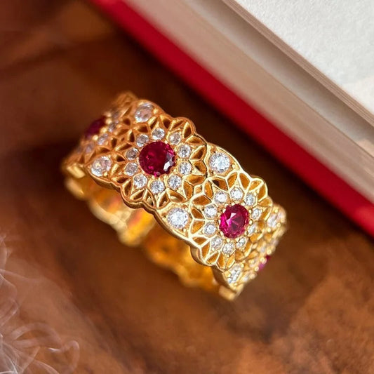 Classic Gold & Micro Inlay Ruby Sunflower Adjustable Ring-Maryam Jewelry