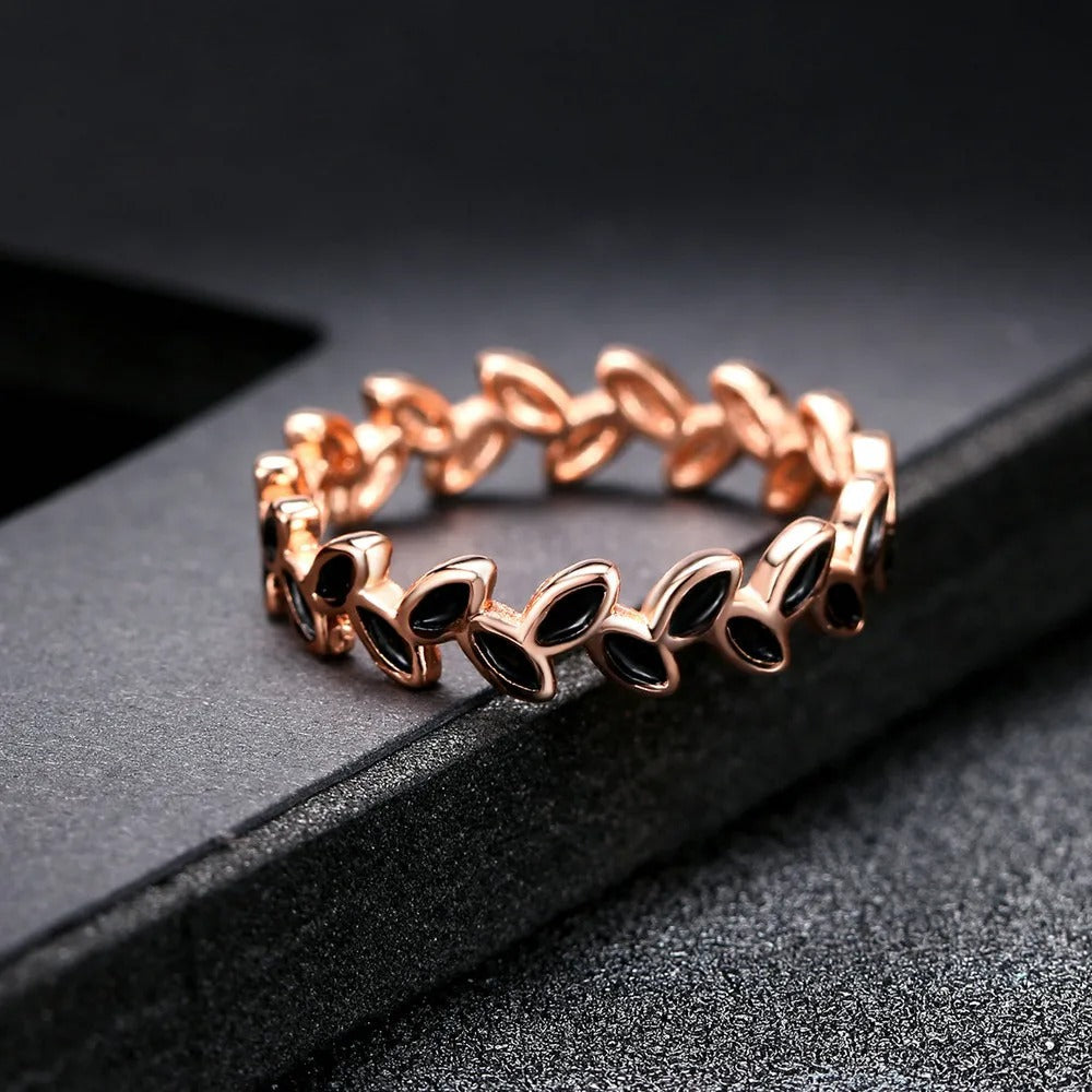 Rose Gold Leaf Motif & Black Accent Ring-Maryam Jewelry