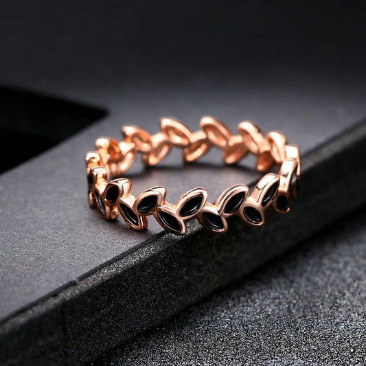 Rose Gold Leaf Motif & Black Accent Ring-Maryam Jewelry