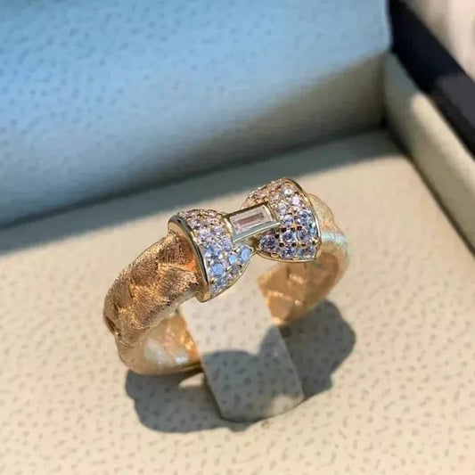 Retro Gold & Crystal Baguette Bow Adjustable Ring-Maryam Jewelry