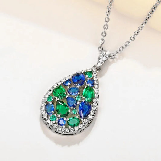 Silver Green & Blue Gemstone Necklace-Maryam Jewelry