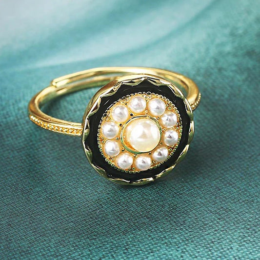 Vintage Gold Black Enamel & Radiant Pearl Adjustable Ring-Maryam Jewelry