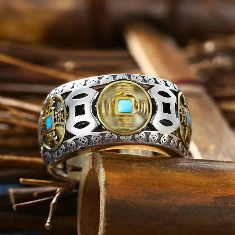Classic Silver Inlaid Copper Coin Turquoise Adjustable Ring-Maryam Jewelry