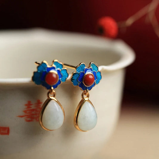 Retro Gold & Blue Floral Red White Gemstone Drop Earrings-Maryam Jewelry