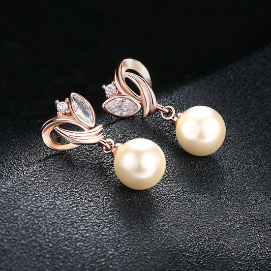 Vintage Rose Gold Pearl Dangle Earrings-Maryam Jewelry