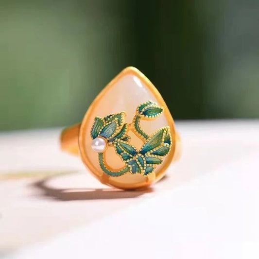 Classic Gold Jade Water Lotus Pearl Adjustable Ring-Maryam Jewelry