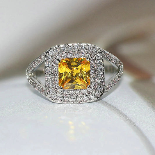 Classic Yellow Gem & Silver Vintage Halo Ring-Maryam Jewelry