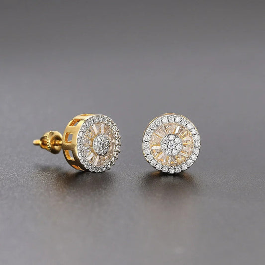Classic Gold Round Crystal Halo Stud Earrings-Maryam Jewelry