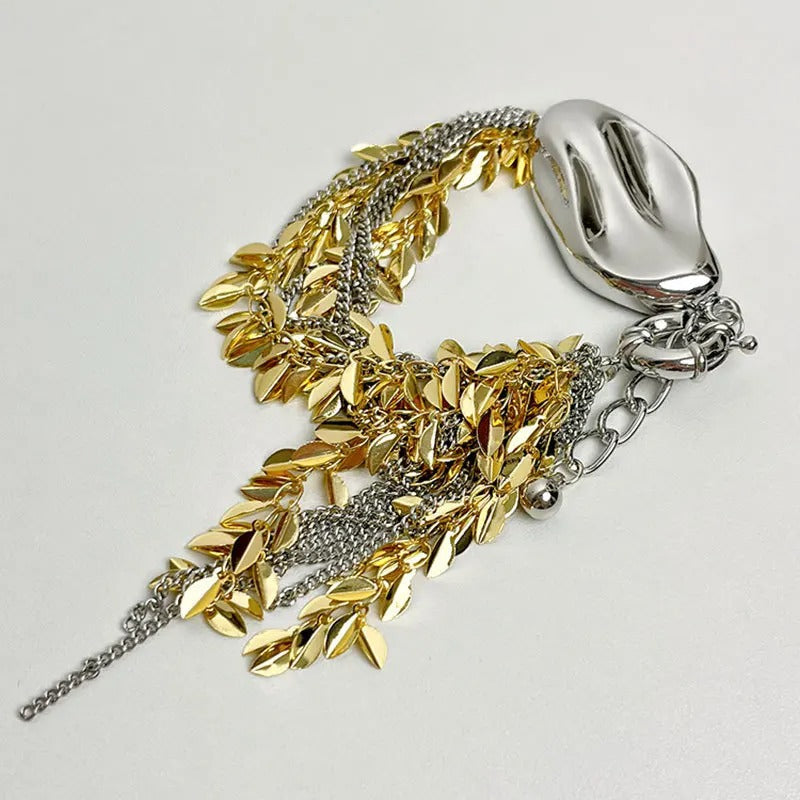 Vintage Gold & Silver Adjustable Leaf Charm Bracelet-Maryam Jewelry