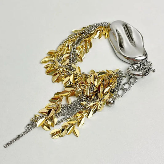 Vintage Gold & Silver Adjustable Leaf Charm Bracelet-Maryam Jewelry