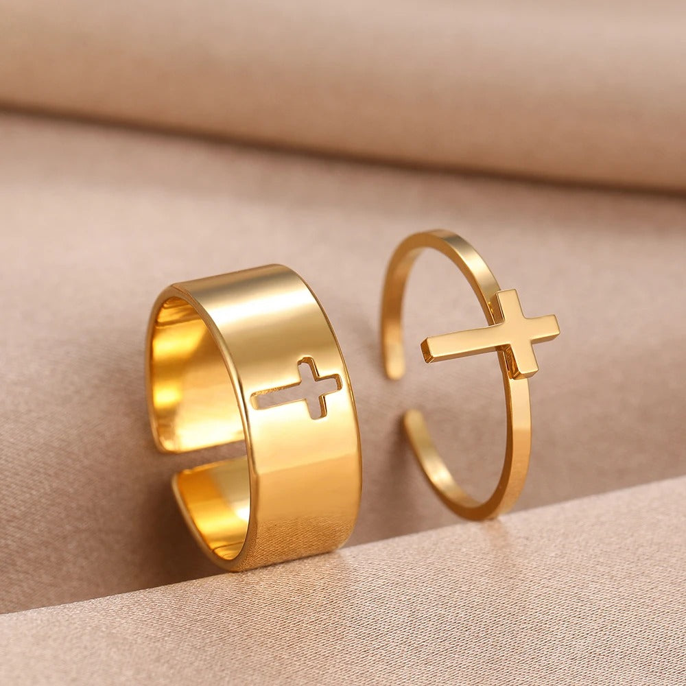 Matching Cross Gold Adjustable Ring Set-Maryam Jewelry