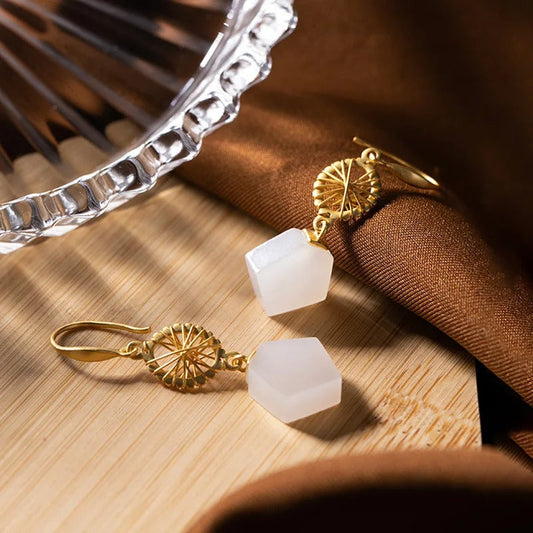 Vintage Gold Geometric White Bead & Sunburst Design Earrings-Maryam Jewelry