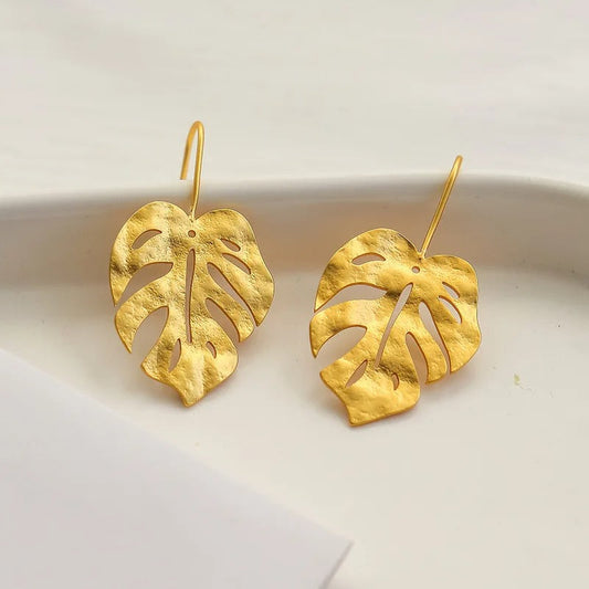 Vintage Gold Monstera Leaf Earrings-Maryam Jewelry