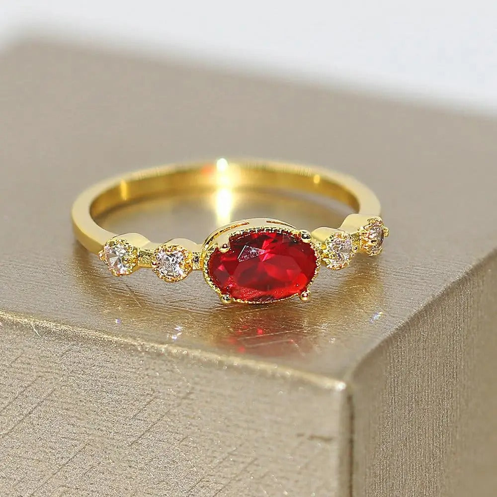 Vintage Gold Vibrant Red Oval Stone Ring-Maryam Jewelry