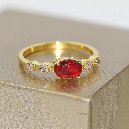 Vintage Gold Vibrant Red Oval Stone Ring-Maryam Jewelry