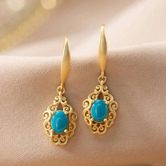 Classic Cut-Out Pattern Exquisite Oval Turquoise Earrings-Maryam Jewelry