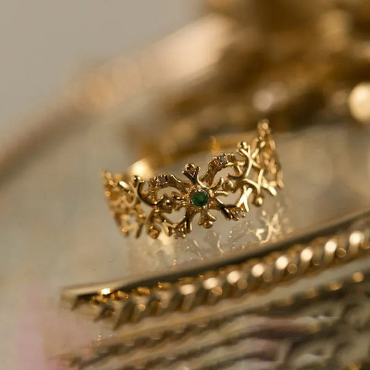 Timeless Gold Snowflake Green Gemstone Adjustable Ring-Maryam Jewelry
